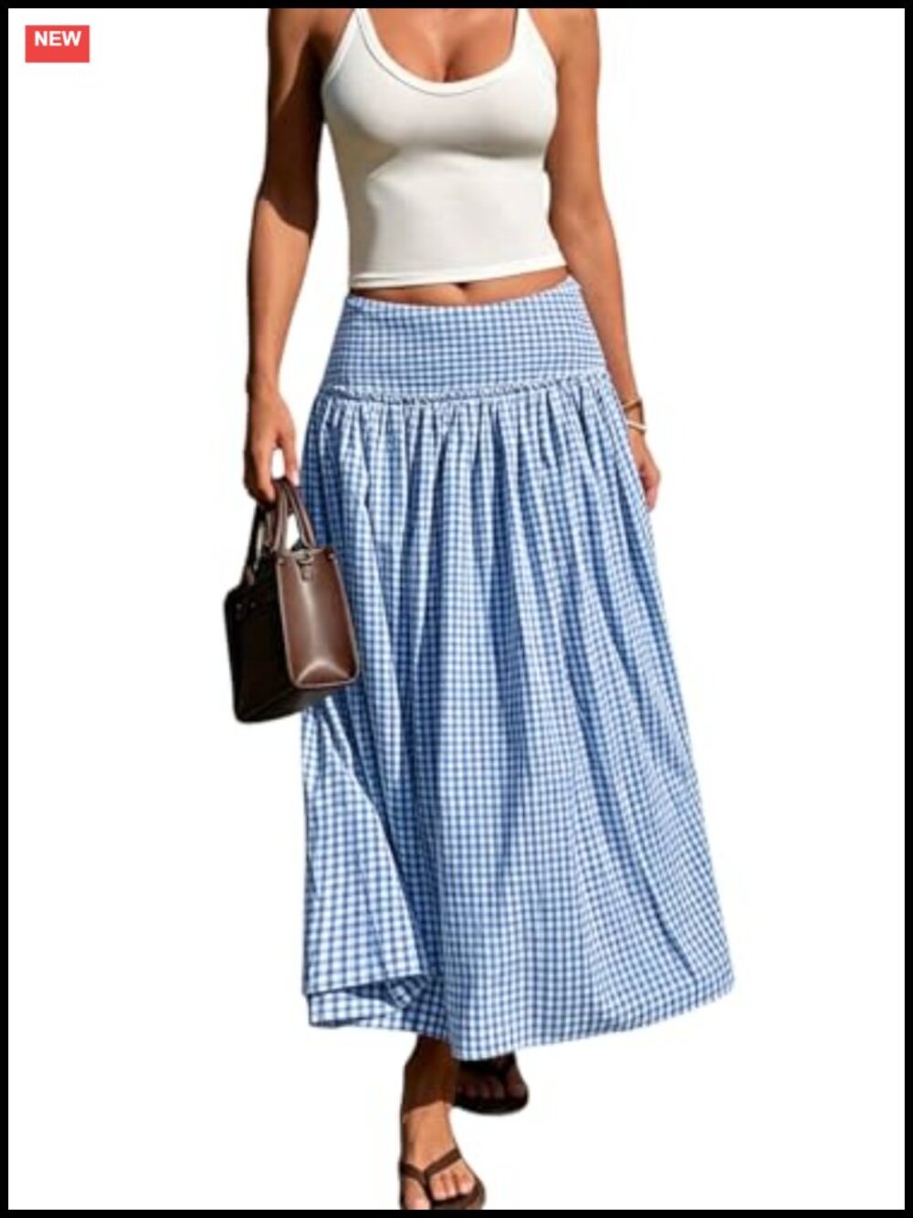 Women's Smocked High Waist Gingham Midi Skirt Tiered Ruffle A-Line with Pockets